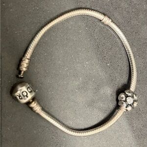 PANDORA Silver Charm Bracelet with Snake Chain Design & flower bead. Bonus charm